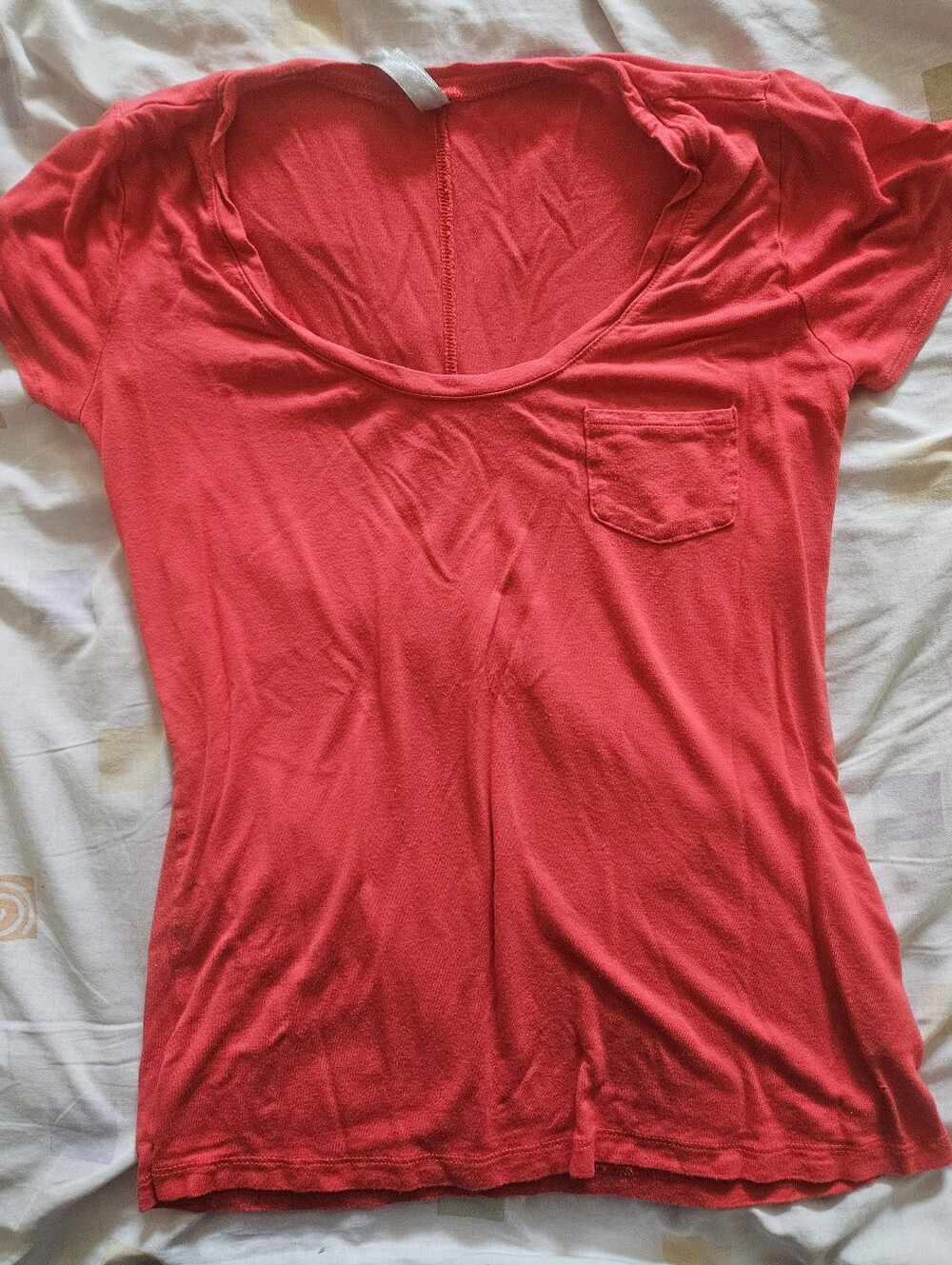 Women's Scoop Neck Pocket Tee - Coral Pink